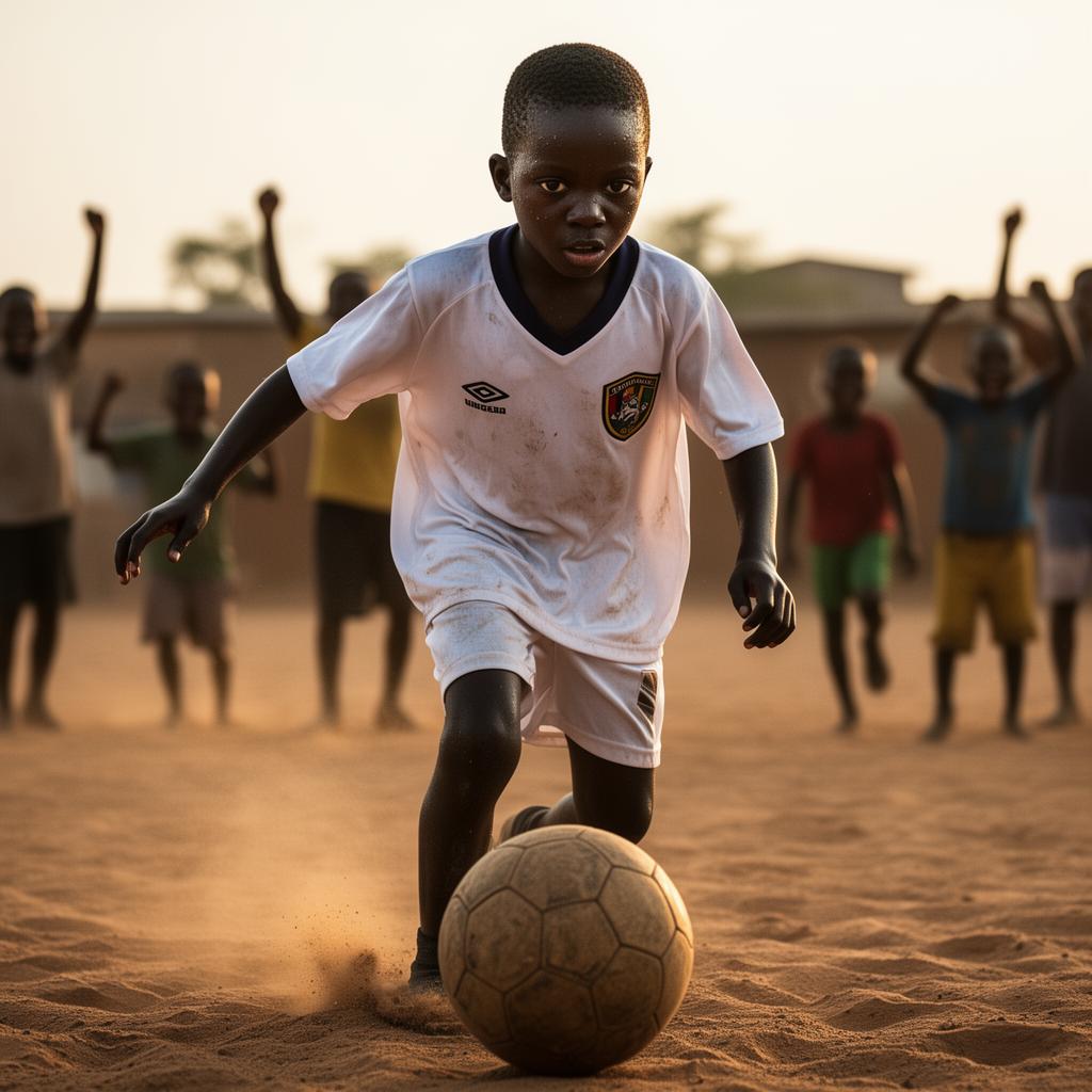 Young African footballer dribbling on a grassroots pitch at golden hour
